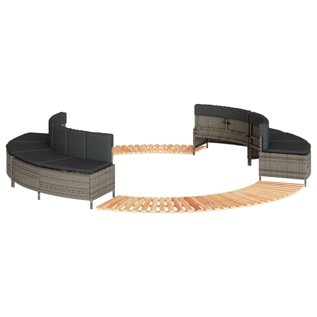 Bordo per vasca idromassaggio grigio in polyrattan con legno massello di acacia, set di 4 sedie e scalino, cuscini rimovibili e lavabili, resistenti ai raggi UV, per giardino