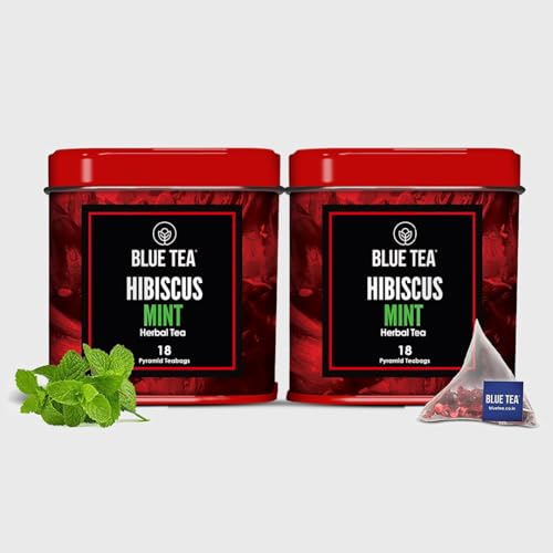 BLUE TEA - Hibiscus Mint Herbal Tea - 36 Biodegradable Tea Bags (Pack of 2) | SKIN GLOW ENHANCING TEA | Caffeine-Free | Hibiscus + Mint | Farm Packed Tea | Tin Packing