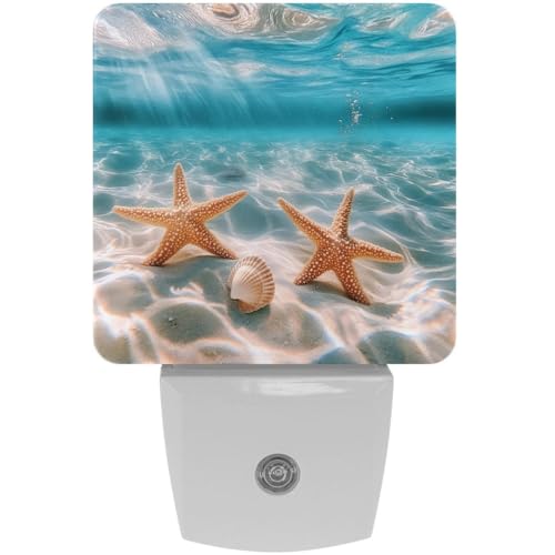 Image of NEWzone Ocean Seashells Starfishjpg Night Light Set of 2, Auto Sensor LED Dusk-to-Dawn Nightlights, Plug-in Sensor Lamp for Bedroom Bathroom Kitchen Hallway Stairs Decorative