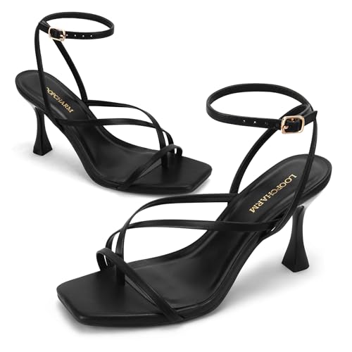 LOOPCHARM Women's Strappy High Heels Sandals Square Open Toe Ankle Strap,Black Pu,9 by LOOPCHARM - Used condition - Image 3