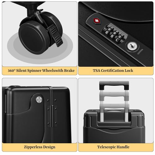 Hardshell Carry On Suitcase with Child Seat, Black Travel Luggage with Front Compartment & 4 Lockable Spinner Wheels, TSA Lock, USB Port, Luggage Cover, Safty Seatbelt (Front-Opening Black, 20 Inch)4