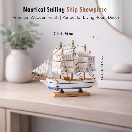Image of HindCraft Wooden Sailing Ship Showpiece for Home Decor | Vintage Boat Model Decorative Tabletop for Living Room, Office & Gift