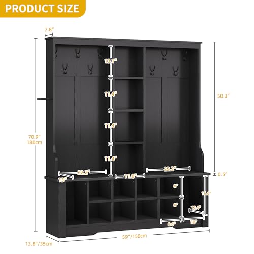 DWVO 59" Wide Hall Tree with Bench and Storage for Hallway Entryway, 10 Shoe Cubbies & 10 Coat Hooks, 4-Tier of Center Storage Open Cabinets, Coat Rack with Space for Bedchamber Living Room (Black)