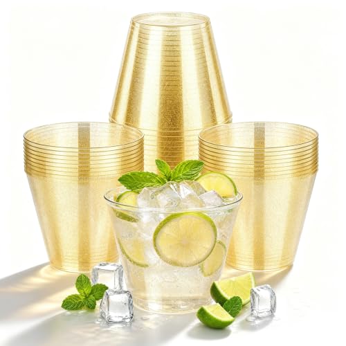 Image of 50pcs Gold Plastic Cups, 9 OZ Gold Glitter Cups, Fancy Party Cups