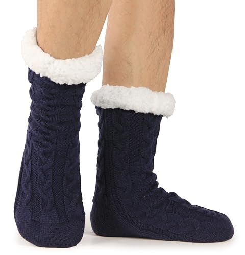 BenSorts Mens Fuzzy Slipper Socks with Grippers Cozy Warm House Indoor Cabin Socks Christmas Gift Stocking Stuffers 2 Packs Blue and Multicolor — view 4
