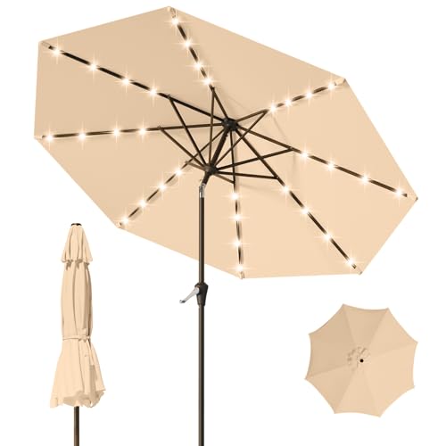 Image of 9FT Patio Umbrella with Solar Lights,Outdoor Market Umbrella with Tilt and Crank, LED Lighted Table Umbrella for Garden,Deck,Backyard,Pool,Beach (Khaki)