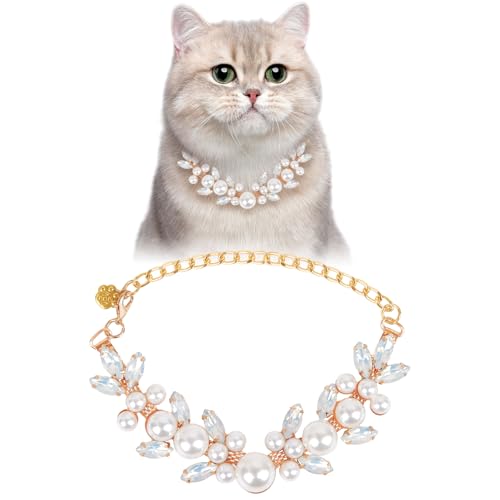 Image of HOWWFALY Dog Cat Pearl Collars with Cute Pet Paw Gold Chain Stainless Steel Collars Necklace Adjustable Collar Dog Chain Cat White Pearl Pet Collar (White, S)