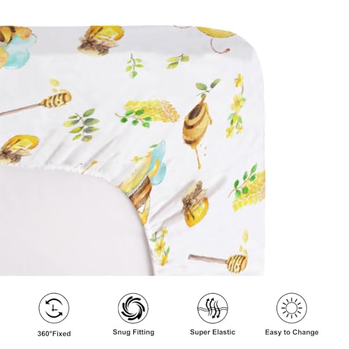 Image of Cartoon Bees Boho Leaves Honey Baby Crib Sheets for Boy and Girl 52 inchx28 inch Bees Retro Floral Crib Mattress Sheet Soft Breathable Baby Bed Sheets for Standard Crib and Toddler Mattresses