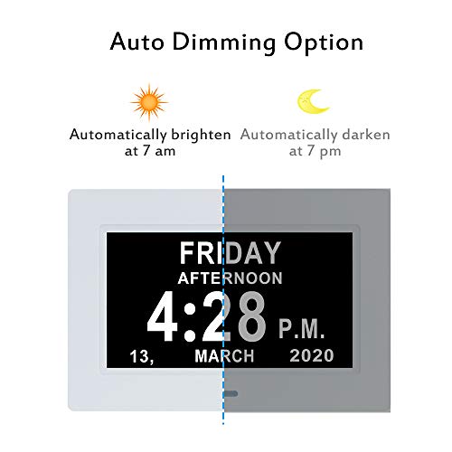 Lami Products 7 Inch Digital Day Date Time Clock - 12 Alarm Options,Auto-Dimming,12/24H,Extra Large Non-Abbreviated Date Day Month Dementia Clock For Seniors,Impaired Vision,Memory Loss (White) #TOP2