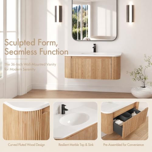 Image of 36 Inch Wall Mounted Bathroom Vanity with Ceramic Sink, Pre-Assembled Floating Vanity Cabinet with Marble Countertop, Wave Texture Finish & Drawer, Wood