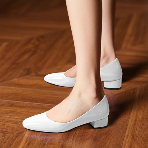 Women's Low Block Heel Pumps Slip On Square Close Toe Chunky Heels Comfortable Office Work Business Casual Professional Patent Dress Shoes 1.2 Inch4