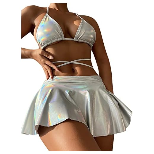 MakeMeChic Women's 3 Piece Swimsuit Metallic Halter Triangle Bikini Set with Beach Skirt A Silver S