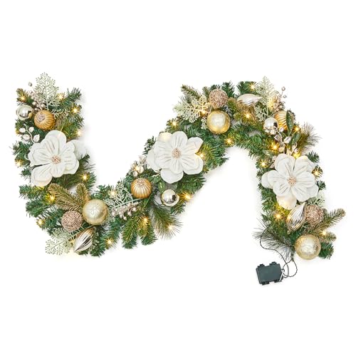 Garvee 6 Feet Christmas Garland with Lights for Mantle, Battery Operated Outdoor Christmas Garlands with Magnolia Flowers Gold Balls, Prelit Garland Decorations for Fireplace Stair Railing TV Stand