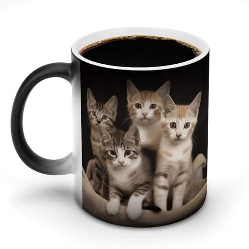FekiLoot Heat Sensitive Color Changing Mug Novelty Ceramic Kittens Family Cats Coffee Cup Magic Funny Art Mugs Large Coffee Tea Cups Personalized Gifts for Family Friend 11 Oz