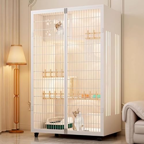 VoyageView多層構造で広いスペースを備えたクリエイティブなデザインの木製猫ケージ。傷に強く、耐摩耗性に メッシュドア、通気性と防湿性、持ち運び可能な猫ハウス、安定性と耐荷重性を備えています。 (ホワイト,90x60x150cm)