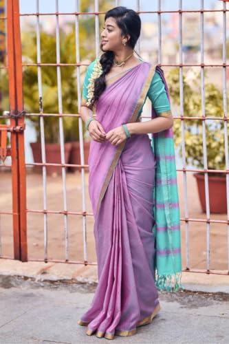 Image of Women's Cotton Woven Soft Sarees With Attach Blouse Piece.