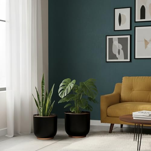 Image of Metal Planters Set of 2 Black (28 cm & 23 cm) with Drain Hole | Large Indoor Plant Pots for Living Room Balcony Office | Modern Decorative Metal Planters for Home Decor