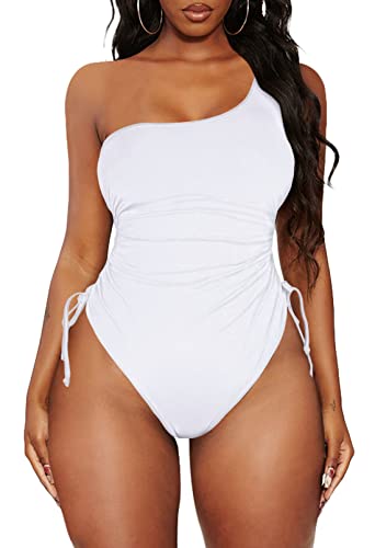 Viottiset Women's One Shoulder Ruched One Piece Swimsuit Tummy Control High Cut Cheeky Bathing Suit White X-Large #TOP2