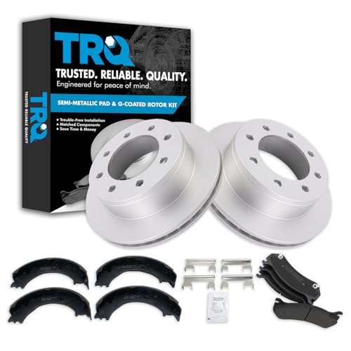 Image of TRQ Rear Posi Metallic Disc Brake Pad & Coated Rotor with Parking Shoe Compatible with GM