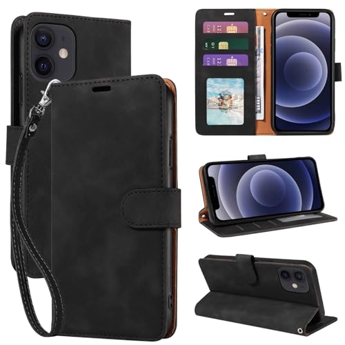 JHWVVTF for iPhone 12 Mini Wallet Case [RFID Blocking 3 Card Slots] Phone Stand Wrist Strap Magnetic Closure Soft Leather Shockproof Protective Flip Cases Cover (Black)