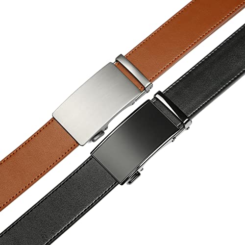 Image of 2 Pack Ratchet Belt 1 3 /8 inch, Mens leather Dress Belt in Gift Set Size 28 inch-62 inch Adjustable waist Trim to Fit