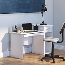 HBCY Creations Computer Desk with Shelves and Drawer - White Engineered Wood - Pull Out Keyboard Tray - Open Storage Pedestal - Multi-Tier Design