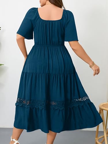 Image of RWJ Women's Plus Size Maxi Dress Short Sleeve Square Neck Flowy A-Line Lace Trim Flutter Party Casual Off Shoulder Dresses