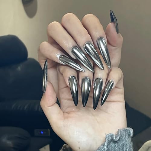 24pcs Silver Chrome Press On Stiletto Glossy Mirror Full Cover Ac...