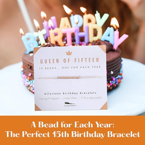 Lucky Feather Quinceanera Gifts For 15 Year Old Girl | 15th Birthday Bracelet With 14k Dipped Beads Adjustable Cord Milestone Gift | Trendy 15 Year Old Girl Gifts | recuerdos para 15 años quinceañeras3