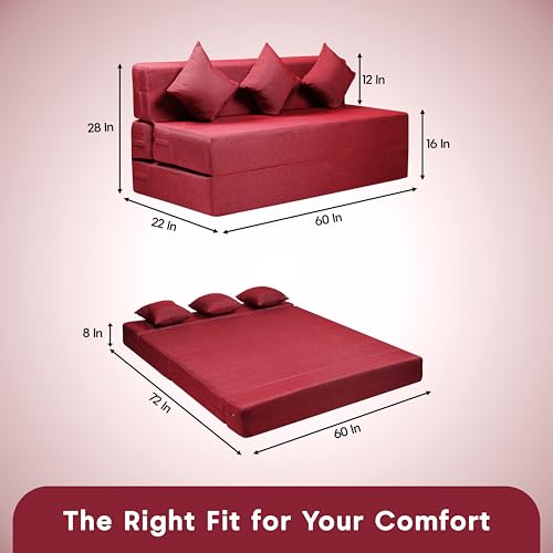 Image of Amazon Brand - Solimo 3 Seater 5 * 6 Jute Fabric Washable Cover Sofa Cum Bed with 3 Cushions 3 Seater Double Foam Fold Out Sofa Cum Bed (Finish Color - Maroon Delivery Condition - Pre-Assembled)
