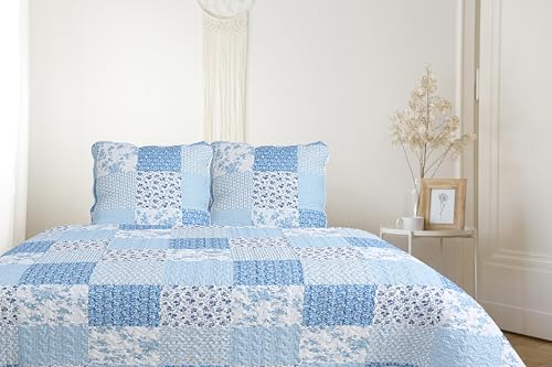 Autrefois Boutis Patchwork Bleu Mimosa, Dessus de lit 230x250 cm avec 2 Taies d'oreiller 65x65 cm, Couvre-lit Matelassé 2 Personnes, Dessus de lit Fleurs