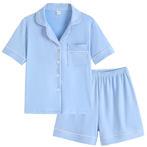 Vopmocld Unisex Kids Button Down Pajama Sets Short Sleeve & Shorts Solid Color Teens Outfit with Pockets Lounge Sets
