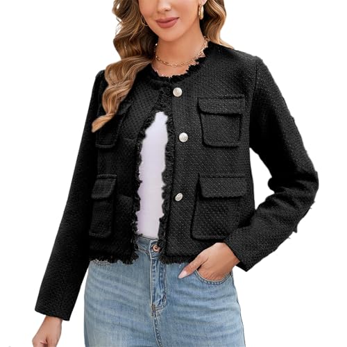 Ladyful Womens Cropped Tweed Blazer Jacket Collarless Lady Jacket Long Sleeve Fall Elegant Work Suits Coat