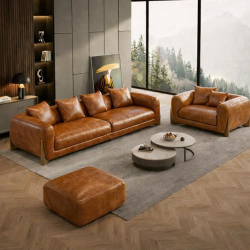 Image of Modern Sofa, Teddy Fabric, Chesterfield Style, Wooden Legs, for Living Room, Bedroom, Hallways (3+1+Ottoman, Tan Leatherette)