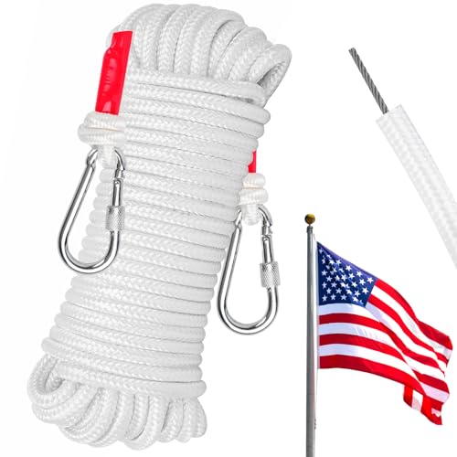 Aemygo 5/16 Inch Wire Center Flagpole Rope, 100 ft High Weight Polyester Flagpole Halyard Rope with Snap Hooks, Solid Braided Flag Line with Steel Center