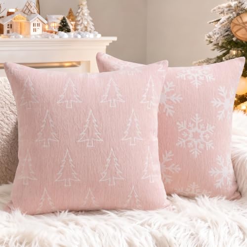 Image of 2 Pack Christmas Pillow Covers 18x18, Chenille Double-Sided Snowflake & Christmas Tree Decorative Throw Pillow Cases, Soft Farmhouse Holiday Cushion Covers for Sofa Couch Bed(Pink,18x18)