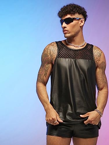 WDIRARA Men's 2 Piece Outfit Mesh Sheer Pu Leather Tank Top and Track Shorts Set3