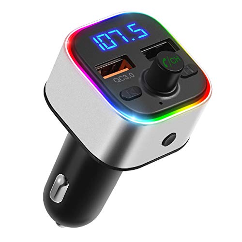 (Upgraded) V5.0 Bluetooth FM Transmitter for Car, 6 Color RGB LED Backlit Bluetooth
