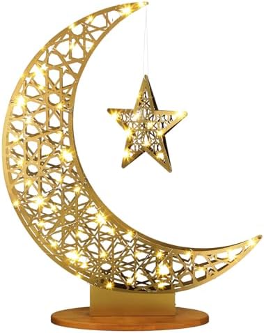 Large Eid Metal Moon Star Light Decor 26.4 Inch LED Ramadan Mubarak Crescent Lamp Ramadan Decorative LED Crescent Eid Crescent Lamp Mubarak Star Moon Lamp Stand with Battery Powered