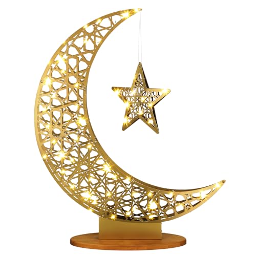 Tujoe Large Eid Metal Moon Star Light Decor 26.4 Inch LED Ramadan Mubarak Crescent Lamp Ramadan Decorative LED Crescent Eid Crescent Lamp Mubarak Star Moon Lamp Stand with Battery Powered