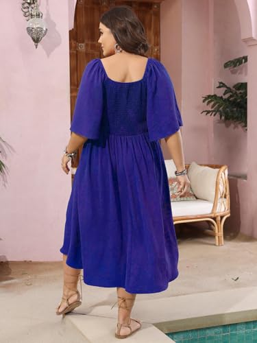 Image of SCOMCHIC Plus Size Summer Dress Casual Short Sleeve Bow Tie Deep V Neck Smocked Button Down Midi Flowy A-line Boho Dresses