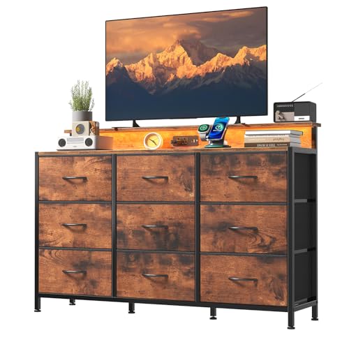 Image of NEWBULIG Wooden Top Media Console for 32-52 inch Dresser TV Stand with 9 Fabric Drawers & Open Shelves, Entertainment Center with LED Lights & Charging Station for Bedroom, Rustic Brown