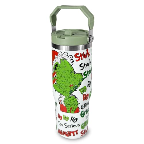 BAISHIDA 30 oz Christmas Grinchi Tumbler with Handle and 2 Straw 100% Leak Proof 304 Stainless Steel Tumbler Christmas Gift 30oz Tumblers (Grinchi 9)