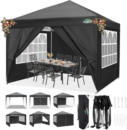 COBIZI Pavillon 3x3 m Faltpavillon 3x3 wasserdicht stabil Faltzelt Anti-UV Faltbarer Pavillons Outdoor Faltpavillon 3x3m mit 4 Seitenwänden für Garten Party Hochzeit Picknick Markt Schwarz