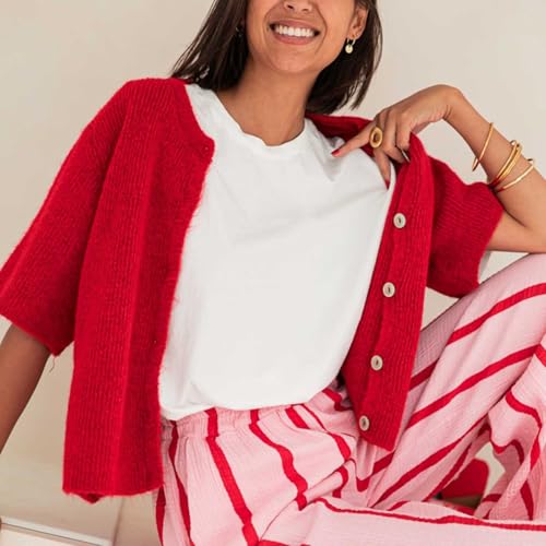 Image of Women Knitted Crop Cardigan Shirt Short Sleeve Button Down Ribbed Knit Crop Top Y2k Girls Outwear Top Tee Shirt