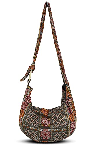 Image of Hobo Crossbody Bag for Women - Handmade Cotton Boho Purse with Wooden Ring | Lightweight Slouchy Shoulder Sling Tote Bag