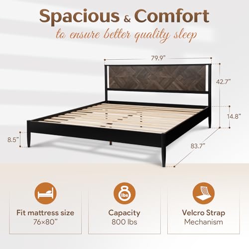 Lenia 14 Inch Premium Solid Wood Bed Frame with Headboard, Rustic Farmhouse Style Platform Bed Made of 100% Solid Acacia Wood, No Box Spring Needed, King Size, Rustic Mocha Black (Lenia Collection) - Image 2