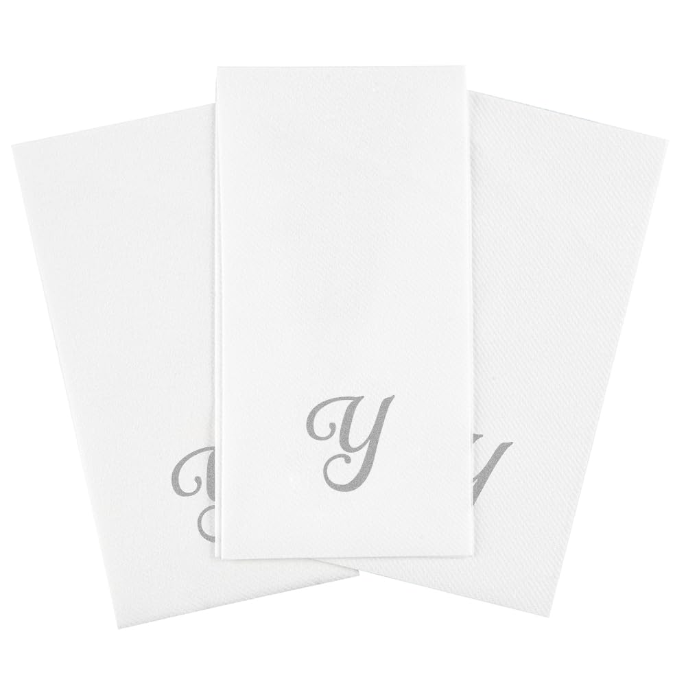 Restaurantware Luxenap - Servilleta rectangular de papel blanco con letra Y plateada, fuente cursiva, 15 3/4 x 8 pulgadas, caja de 50 unidades