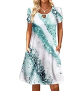 HOTOUCH Women's Casual A-Line Dress with Pockets Summer Beach Floral Tshirt Dress Short Sleeve Mi...