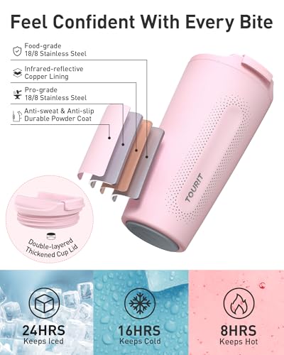 TOURIT Insulated Pink Coffee Mug, 16 oz Double Wall Tumbler